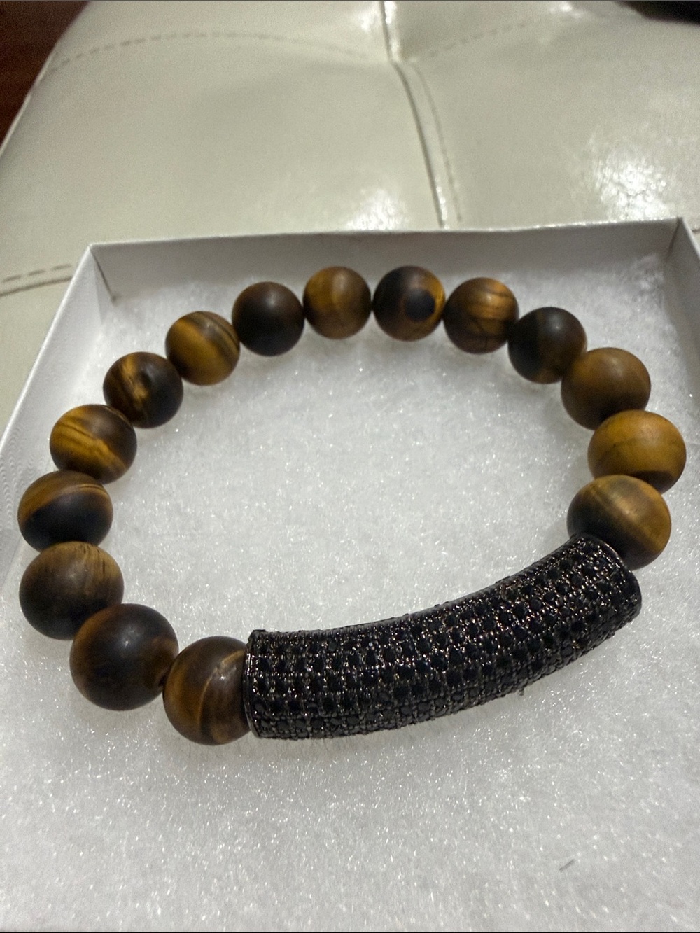Matte Tiger Eye Beaded Stretch Bracelet with Black Pave Tube
